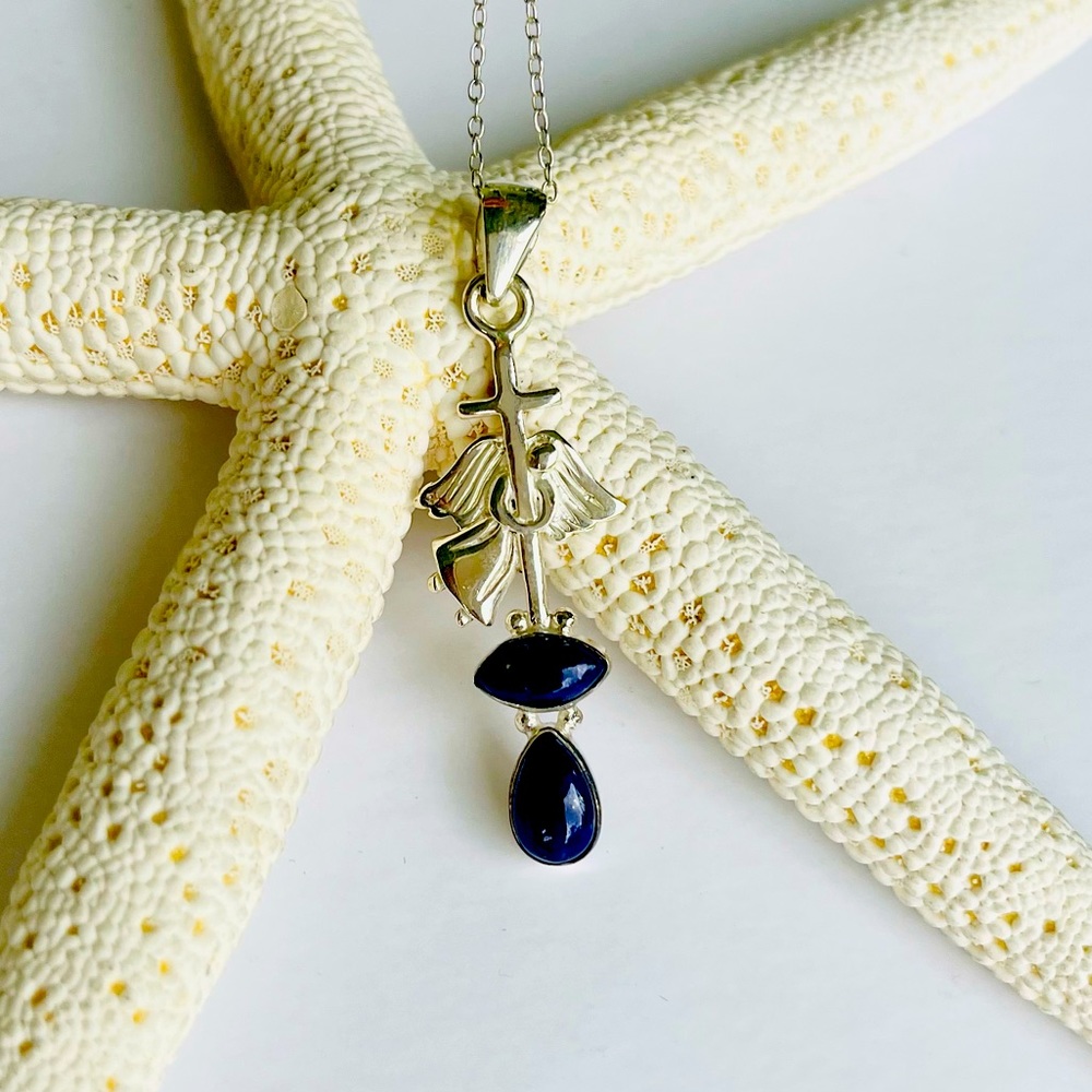 Blue Lapis Lazuli Angel Cross Pendant In 925 Sterling Silver.